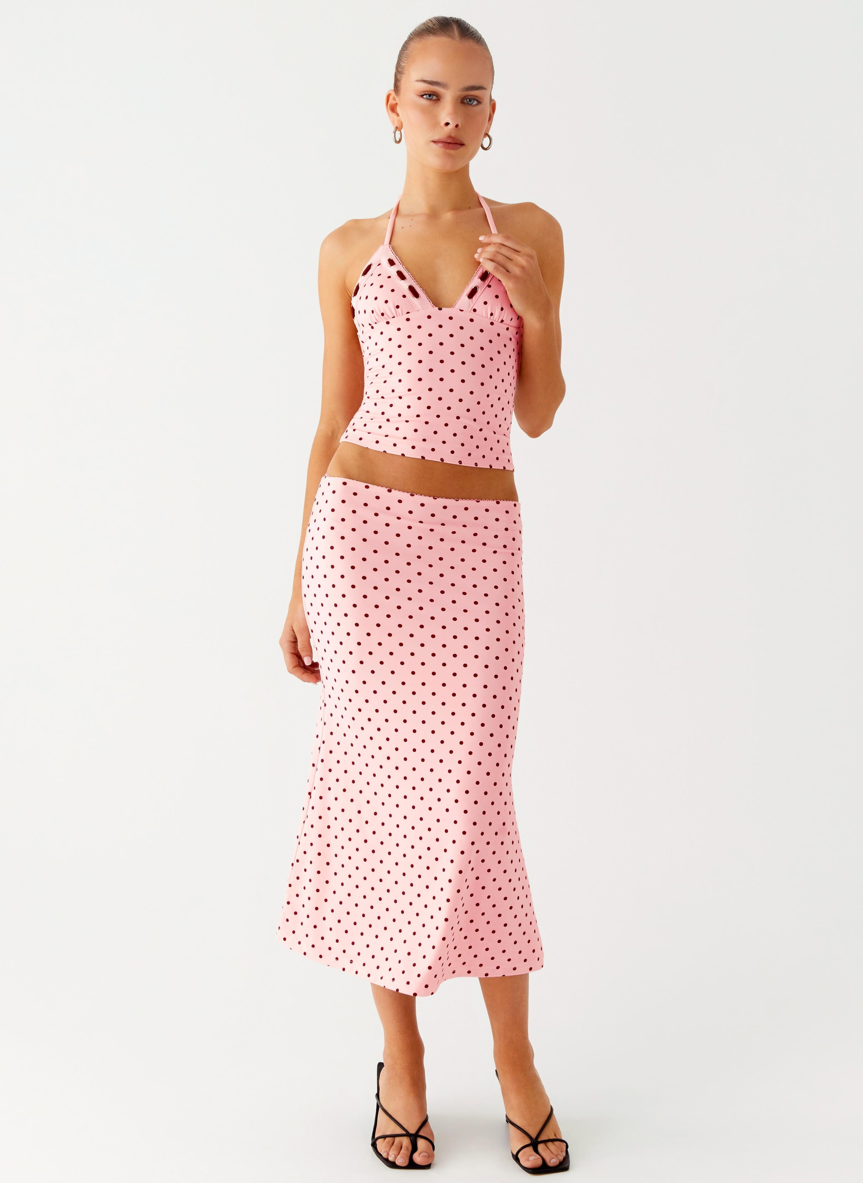 Bahama Low Rise Midi Skirt - Strawberry Dot