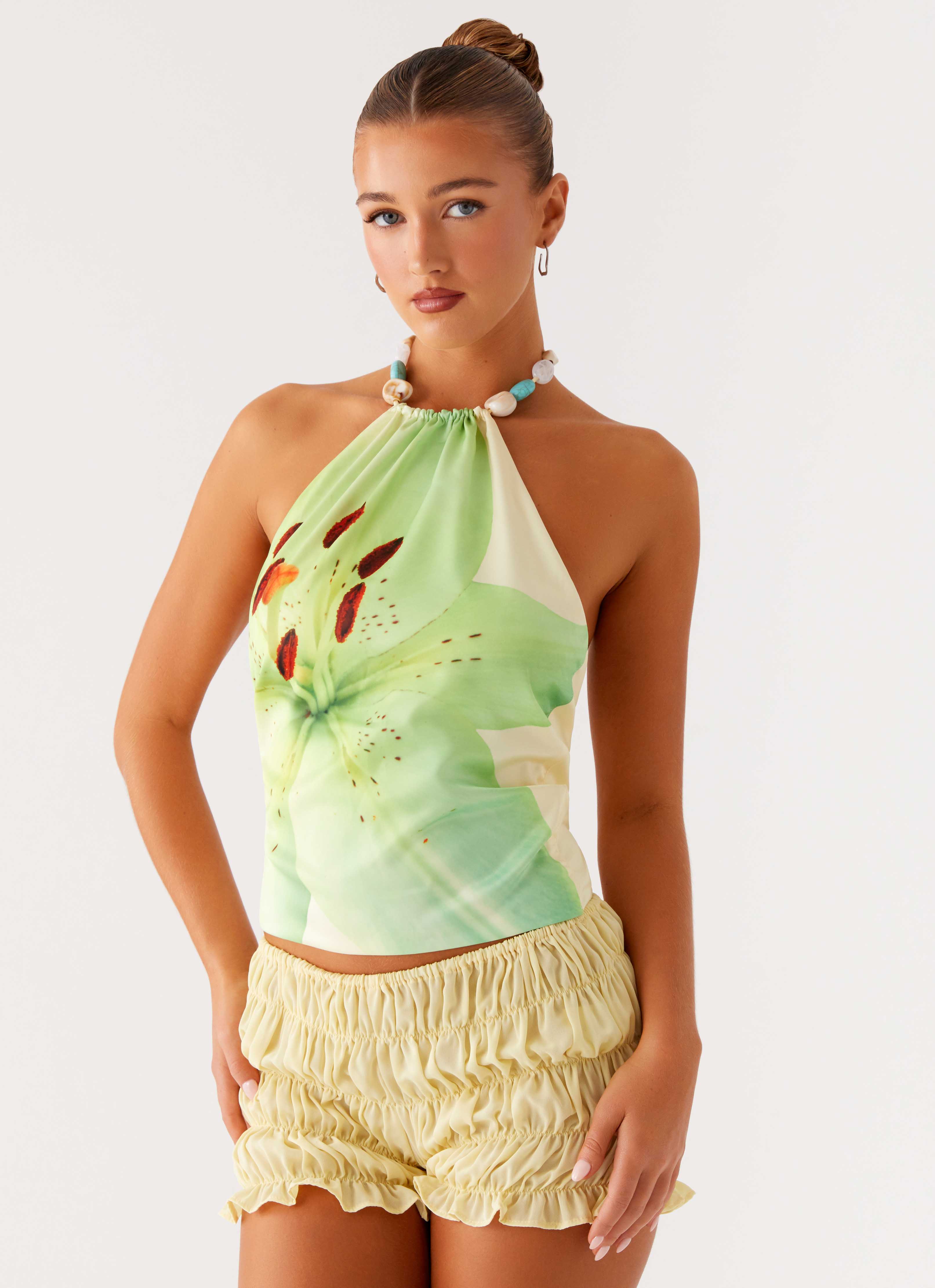 Dalila Beaded Tie Back Top - Yellow Floral