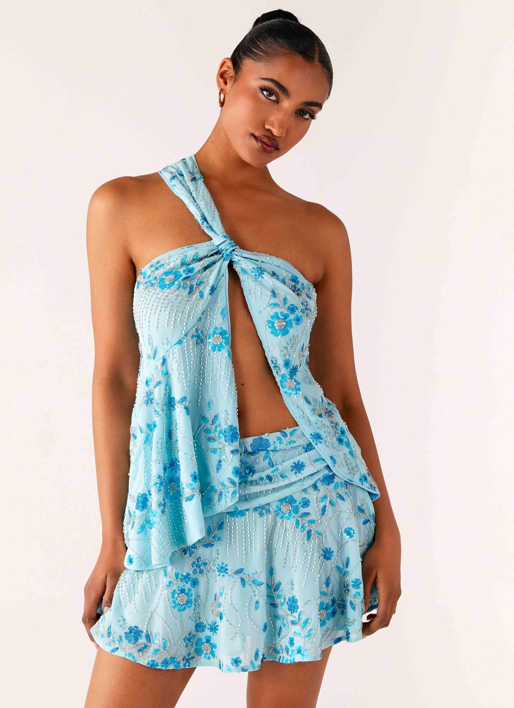 Delight Me Beaded Low Rise Mini Skirt - Blue
