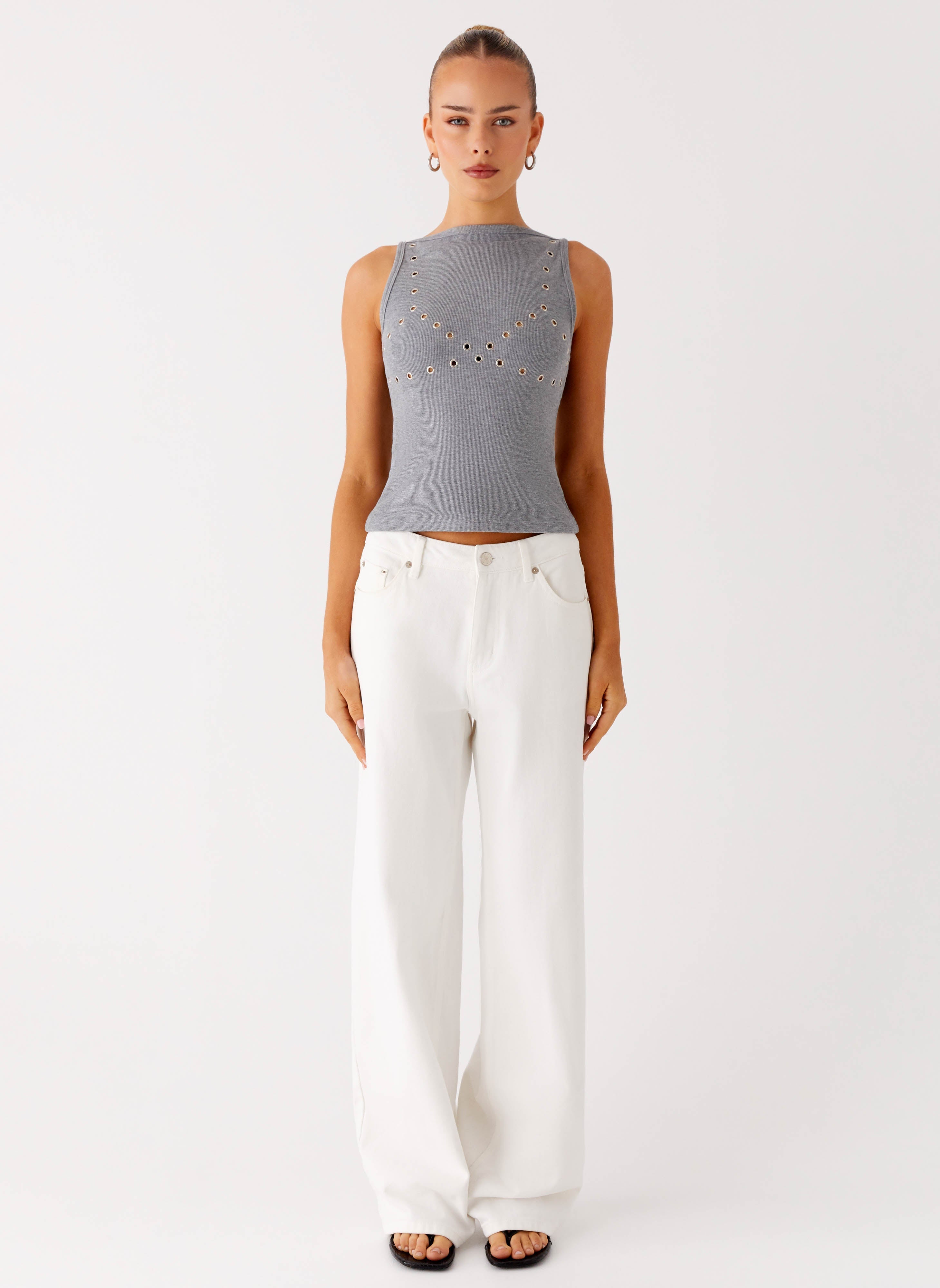 Drop Top Ribbed Eyelet Tank Top - Marle Grey