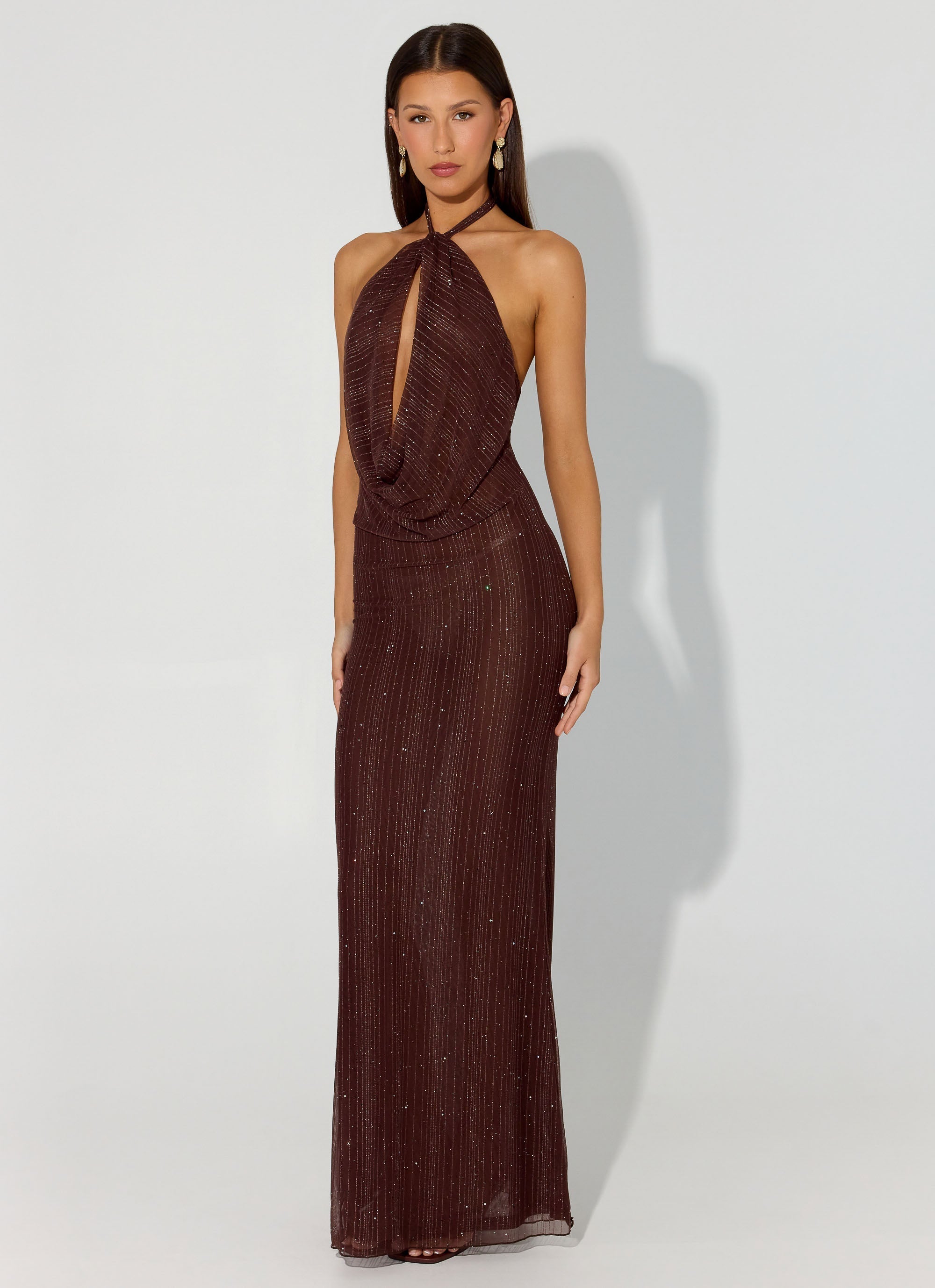 Haylan Sparkle Mesh Maxi Dress - Chocolate