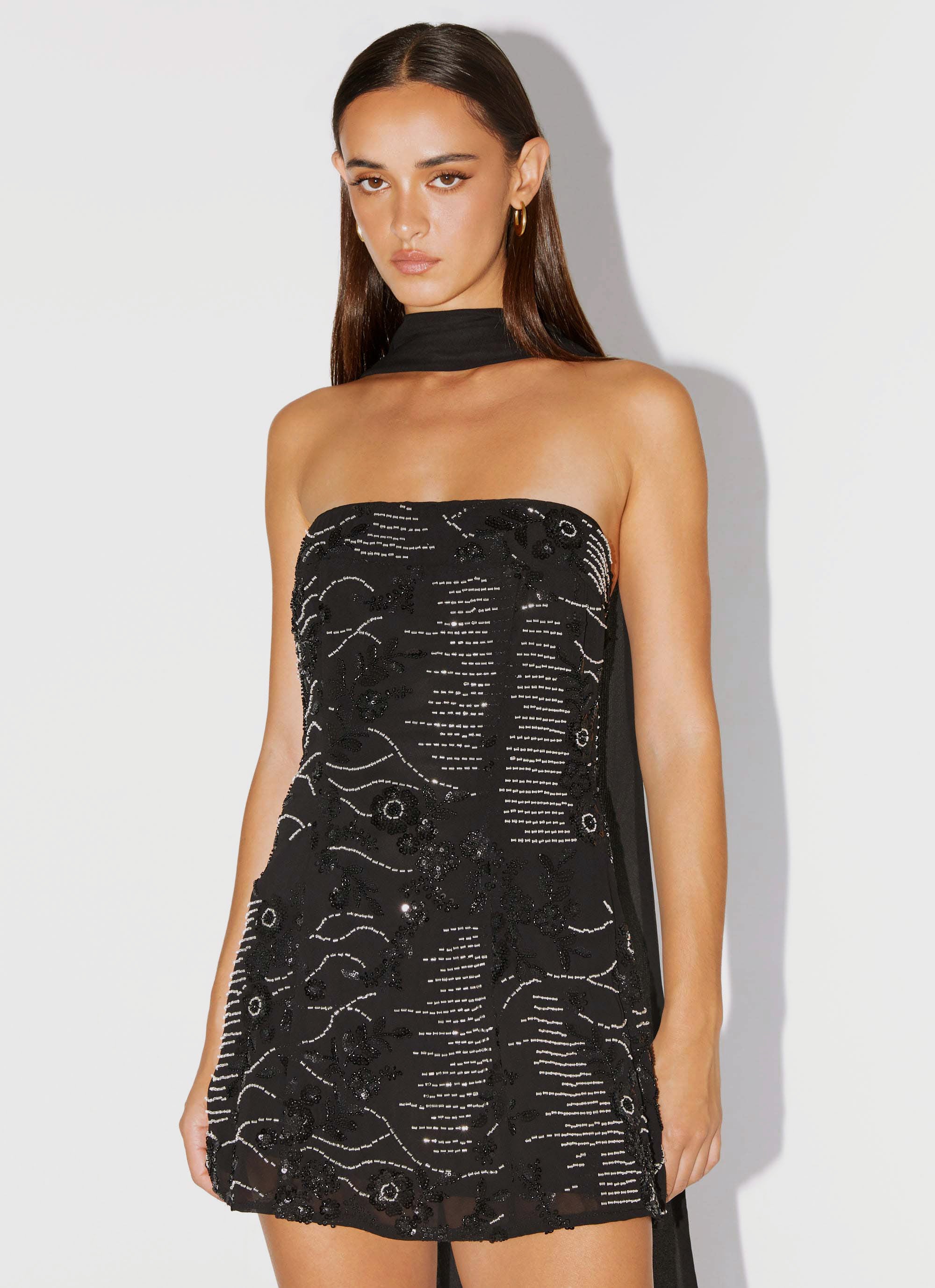 Kiesha Strapless Scarf Mini Dress - Black