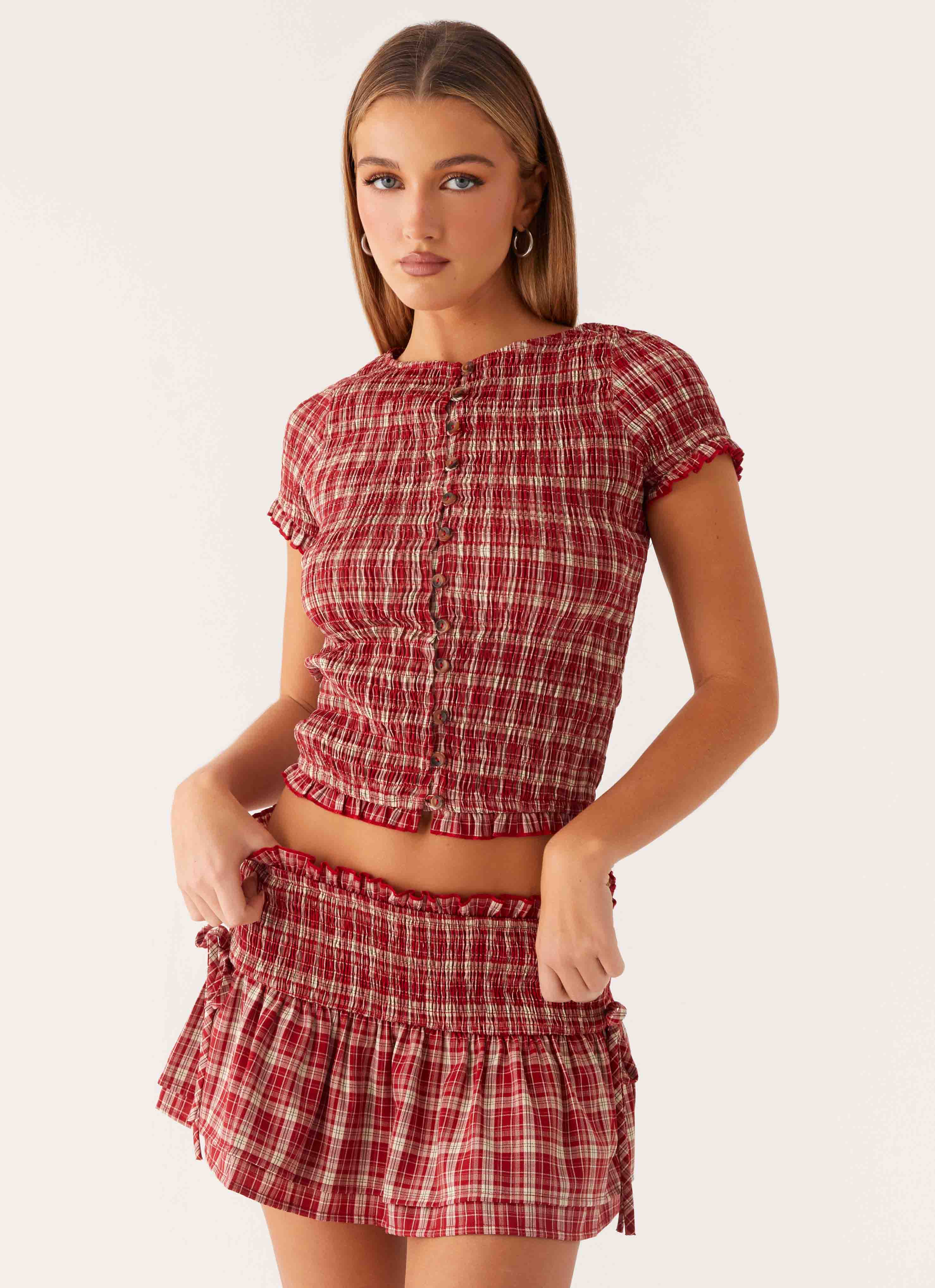 Lenore Button Top - Ruby Check