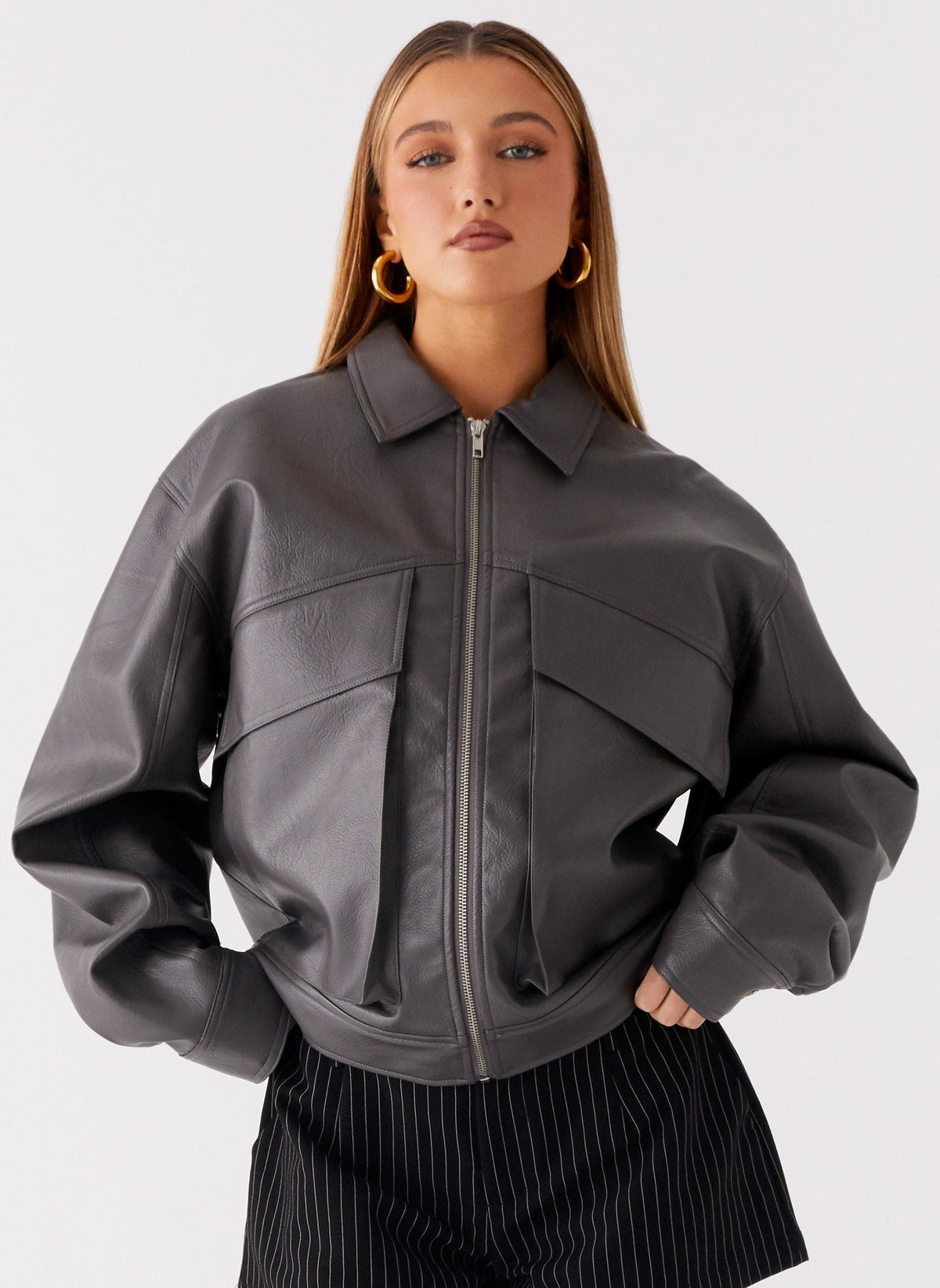 Lula Faux Leather Bomber Jacket - Charcoal
