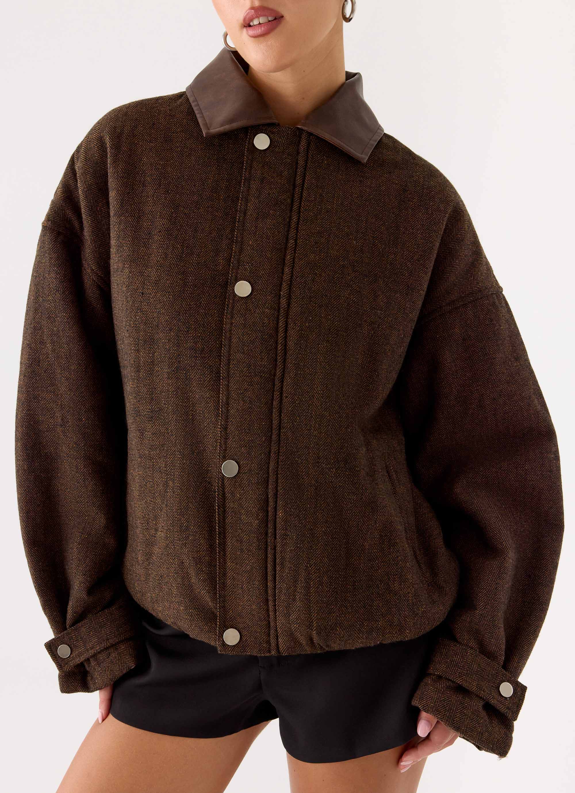 Myles Herringbone Bomber Jacket - Chocolate Herringbone